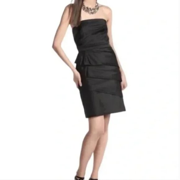 WHBM Black Satin Strapless Lined Tiered Ruffle Mini Dress, Size 8, EUC - Picture 2 of 16